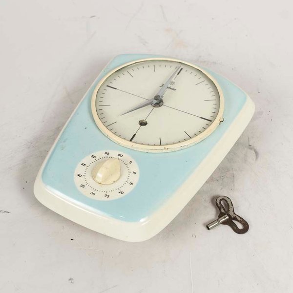 Reloj de Cocina Alemán Junghans en Loza Celeste y Blanco con Llave
