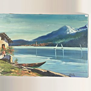 Cuadro al óleo: Costa de laguna, montañas y caseríos, firmado - imagen 4
