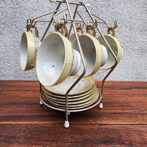 Juego de Té Vintage: 6 Tazas con Platillos y Soporte Metálico - imagen 2