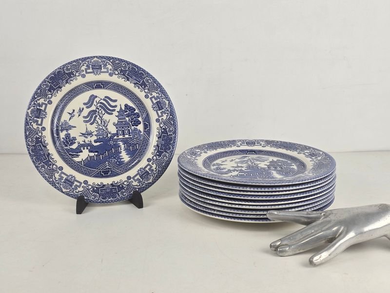 10 Platos Llanos Ingleses Motivo Willow Azul y Blanco
