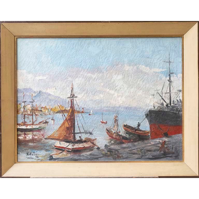 Pintura al óleo "Muelle" de Muñoz, con marco, 59.5 x 80 cm