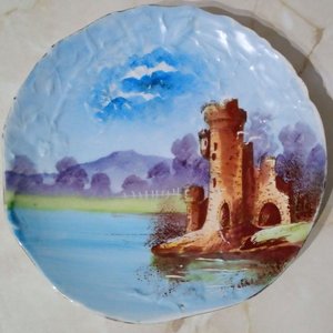 Plato Decorativo Antiguo Porcelana Limoges Albert Pillivuyt Castillo Pintado - imagen 3