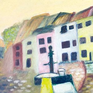 Cuadro al óleo sobre fibra: Caseríos multicolor, 51x38 cm con marco 70x57 cm - imagen 2