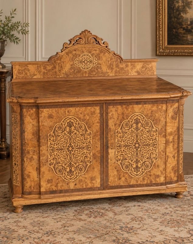 Aparador Antiguo de Madera con Marquetería Ornamental y Copete Tallado