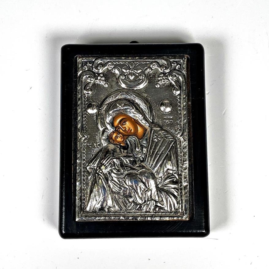 Icono Religioso Griego Virgen María y Niño Jesús en Plata 950