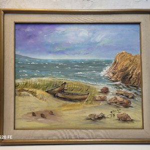 Cuadro al óleo: Playa con barcos y rocas, 72x62cm - imagen 1
