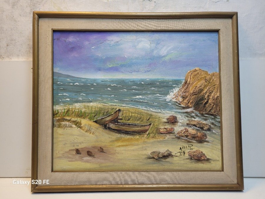 Cuadro al óleo: Playa con barcos y rocas, 72x62cm