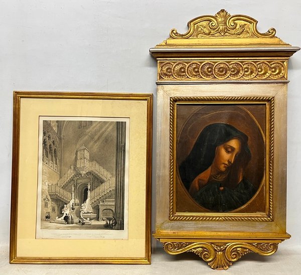 Lote siguiente: Pintura de la Virgen en óleo sobre tela, con marco y detalles ornamentales