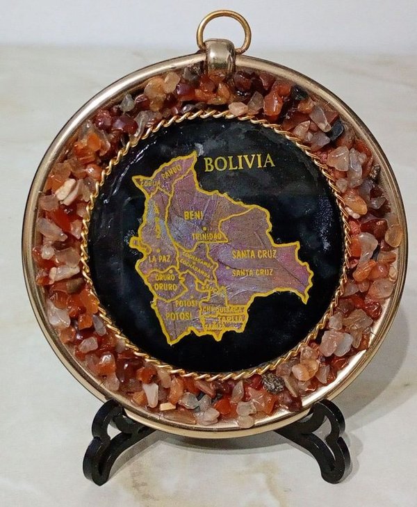 Platillo Decorativo Artesanal de Bolivia con Mapa y Alas de Mariposa Morpho Azul