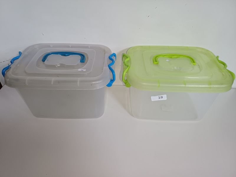 Dos Cajas Organizadoras Plásticas Transparentes con Tapas de Colores