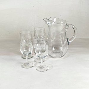 Jarra y Cinco Copas de Cristal con Grabado Floral - imagen 1