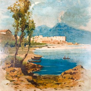 Cuadro Lámina Paisaje Costero con Barca y Montañas - Marco Dorado - imagen 2