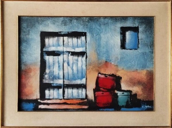 Óleo sobre Fibra "Puerta Azul" Atribuido a G. Corbo 70x50 cm