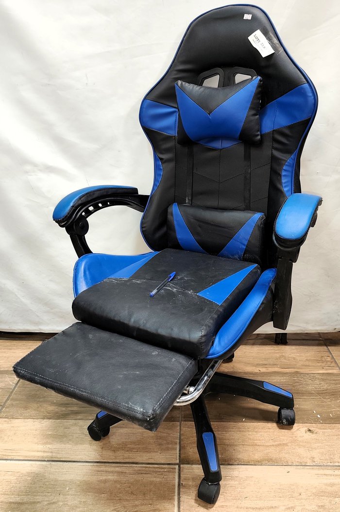 Silla Gamer Tapizada Eco Cuero Azul/Negro Reclinable con Apoya Pies
