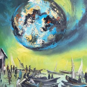 Óleo sobre tela "Puerto Nocturno" de Andrea Caruso Figari, 70x55cm - imagen 3