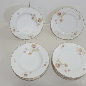 Lote de 16 Platos de Porcelana Alemana Hutschenreuther con Flores y Borde Dorado - imagen 5