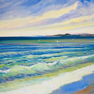 Cuadro al óleo sobre tela: Playa con marco de madera, firmado por A. Luz - imagen 6