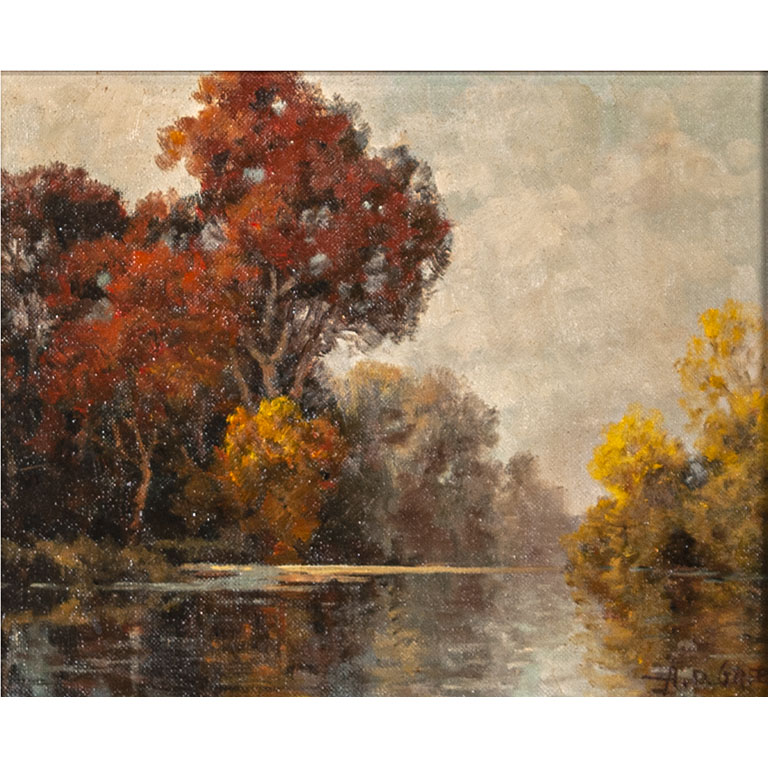 Pintura de paisaje óleo sobre fibra, firmada y en buen estado