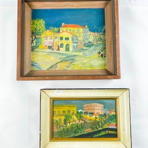 Lote siguiente: Dos Cuadros al Óleo sobre Fibra: Escenas Urbanas y Rurales