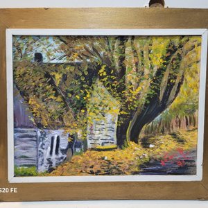 3 Cuadros al Óleo: Silueta Urbana, Paisaje Otoñal y Rosa Firmados - imagen 4