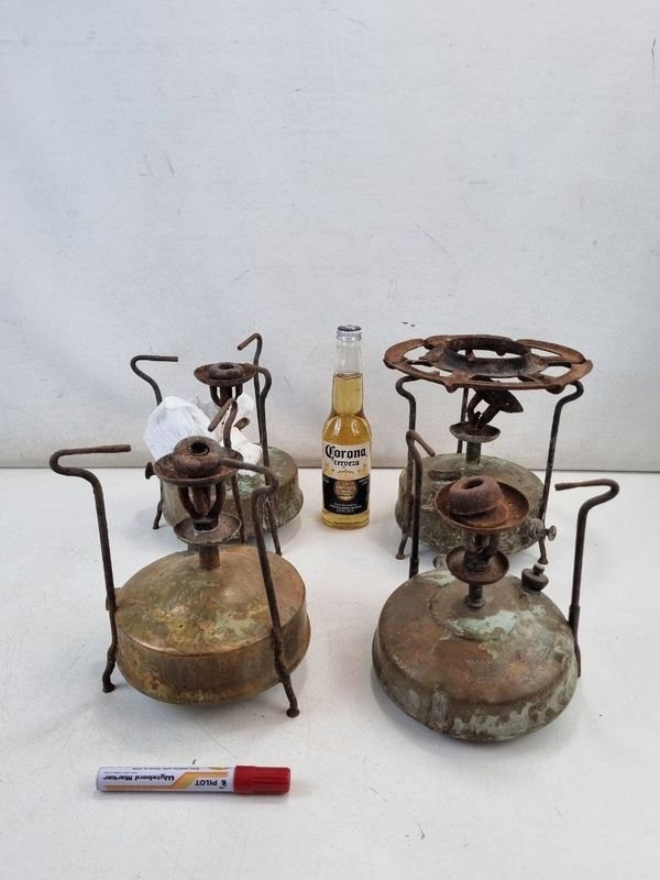Lote de 4 Anafe Querosene Metal Vintage con Pátina de Época