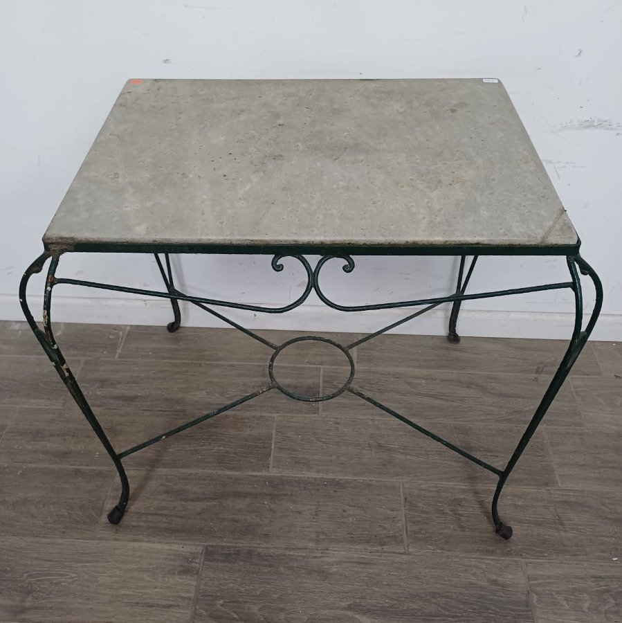 Mesa de Jardín Antigua Hierro y Mármol Restaurada