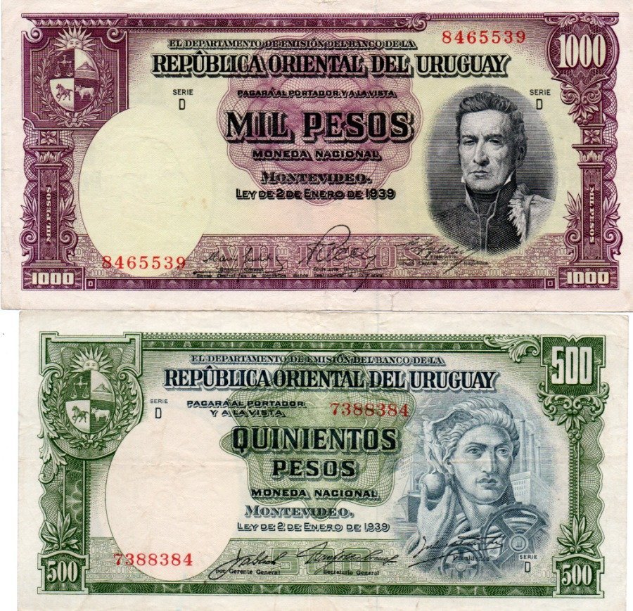 Lote de 2 Billetes Uruguayos: 500 y 1000 Pesos de 1939
