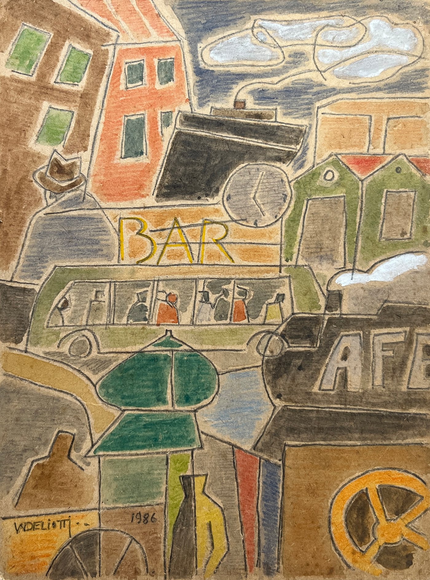 Acuarela "Escena de Ciudad" de Walter Deliotti, 1986