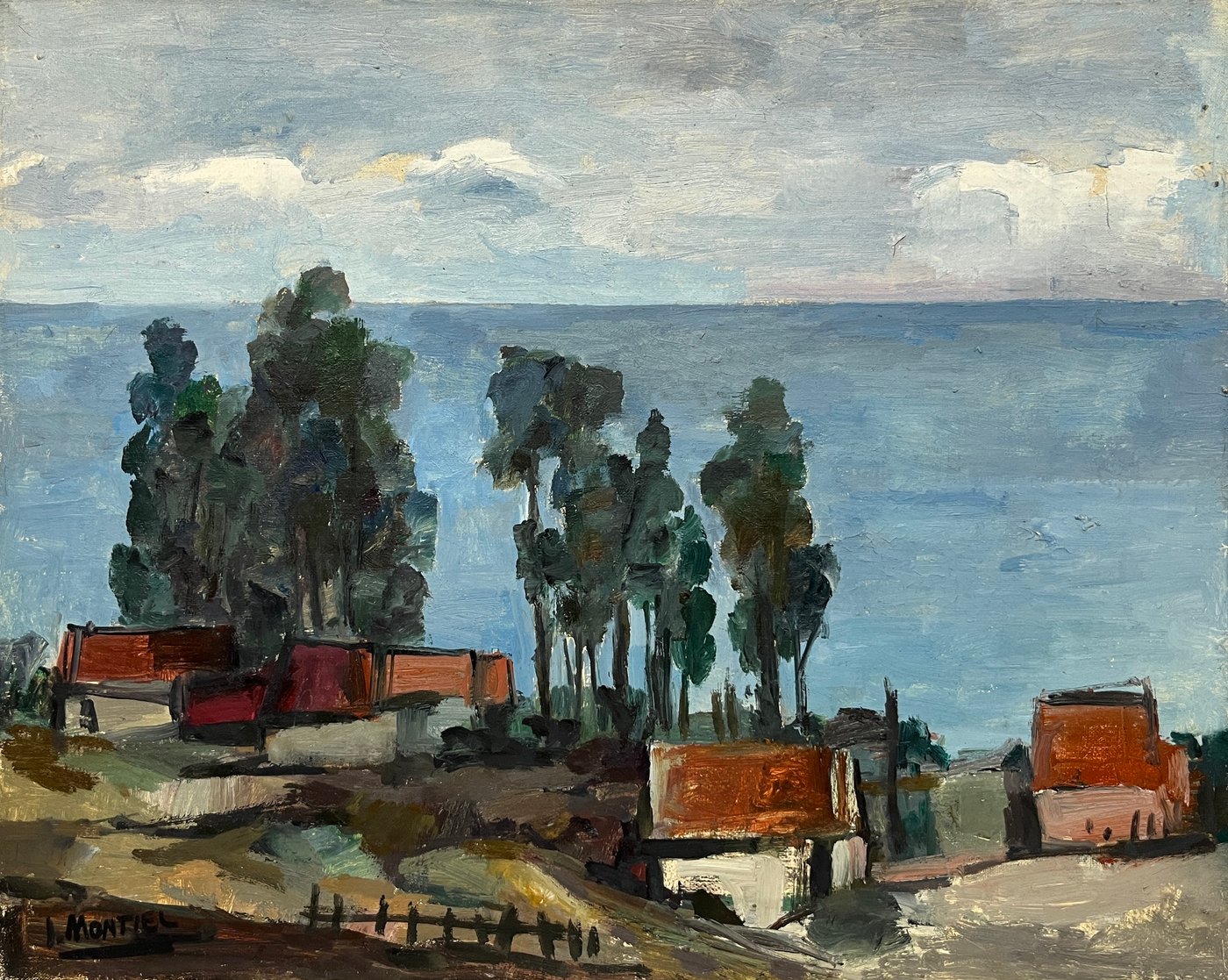 Jonio Montiel "Paisaje con Costa" Óleo sobre Tela - 33 x 41 cm