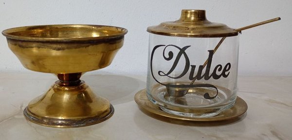 Dos piezas de vidrio y metal Bronceado para dulcería y copón - imagen 1