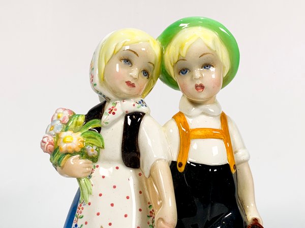 ARS Polchia Torino: Loza Italiana con Niña y Niño con Ramo de Flores - imagen 2