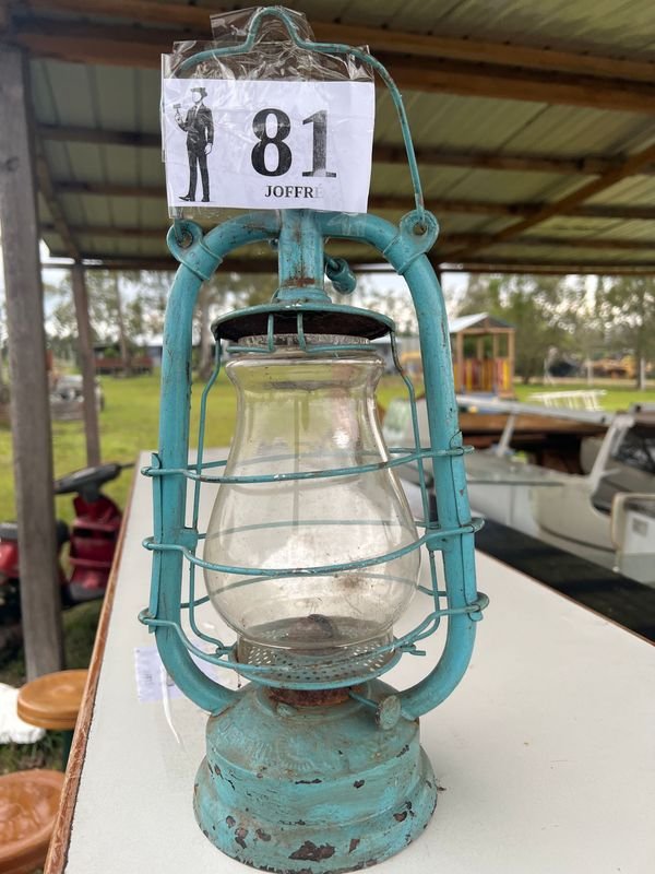 Antiguo Farol de Metal y Vidrio Color Turquesa