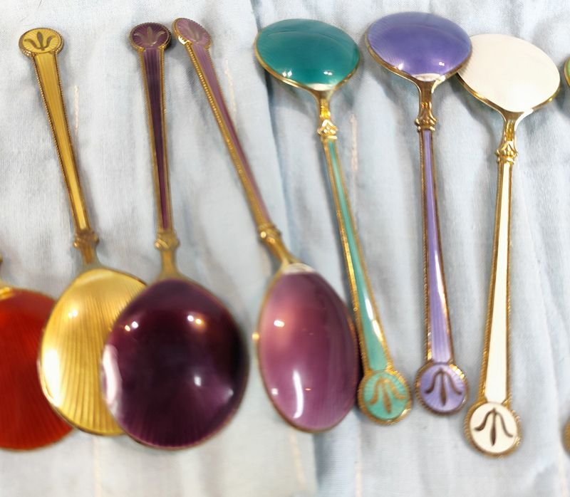 12 majestuosas cucharas de mermelada en plata noruega esmaltados - imagen 10