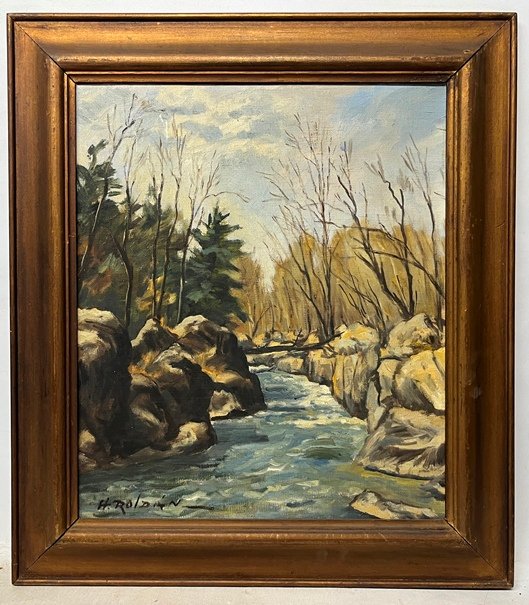 Pintura de Horacio Roldan: Paisaje Fluvial con Árboles y Agua