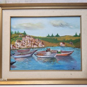 Dos Cuadros al Óleo: Paisaje Boscoso y Puerto con Embarcaciones, Firmados y Enmarcados - imagen 3