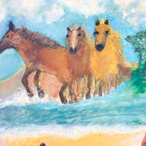 Cuadro al óleo "Paisaje campestre con caballos y perros" firmado Nilda Poppolo - imagen 2