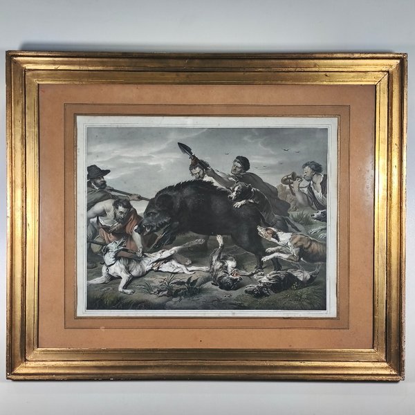 Grabado "Cacería de Jabalí" por Ernest Hanfstangl, con marco dorado y vidrio