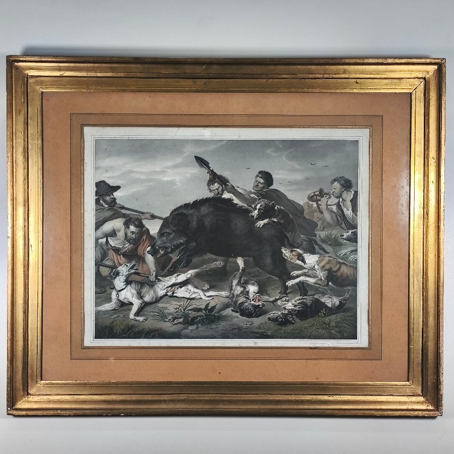 Grabado "Cacería de Jabalí" por Ernest Hanfstangl, con marco dorado y vidrio