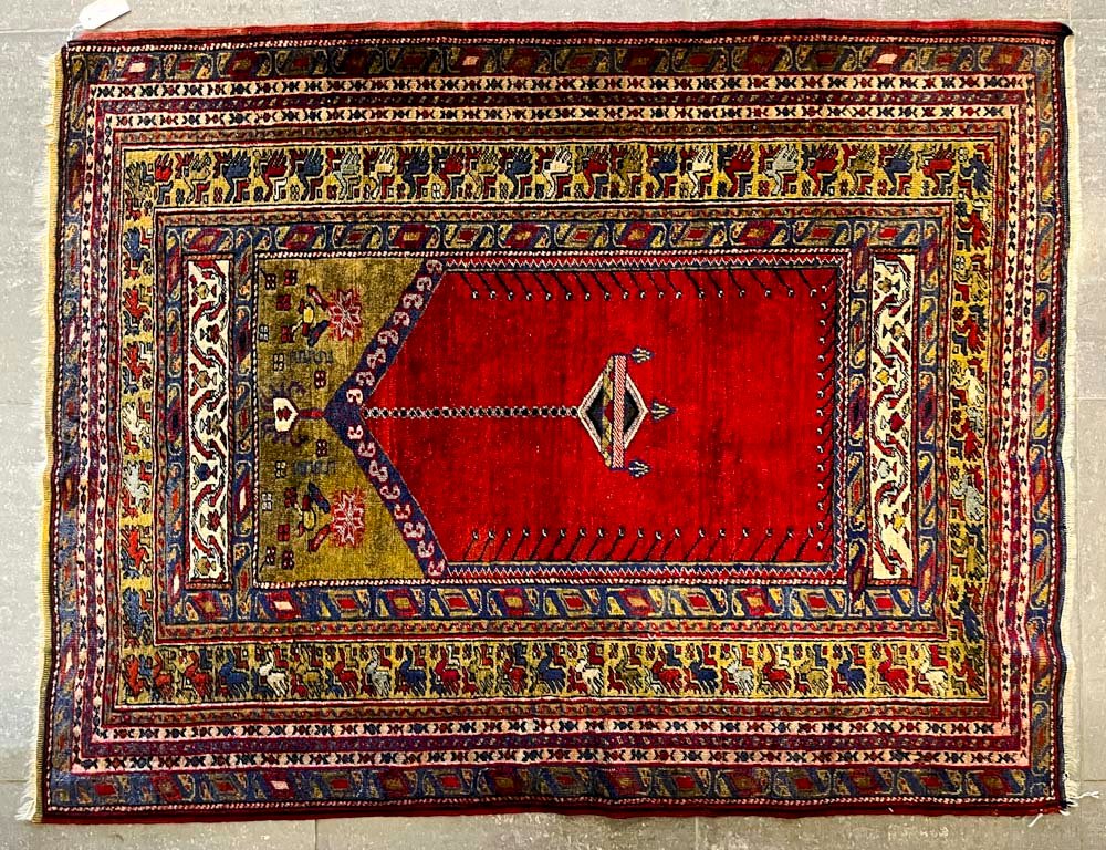 Alfombra Persa de Lana Beige, Azul y Roja con Dibujos y Guardas - 166 x 127 cm