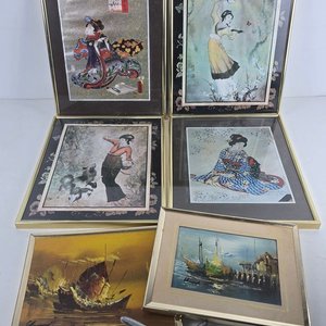 Lote de 6 Cuadros Decorativos: Arte Oriental y Paisajes Marinos con Marcos Dorados - imagen 1