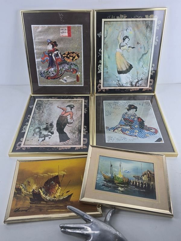 Lote de 6 Cuadros Decorativos: Arte Oriental y Paisajes Marinos con Marcos Dorados
