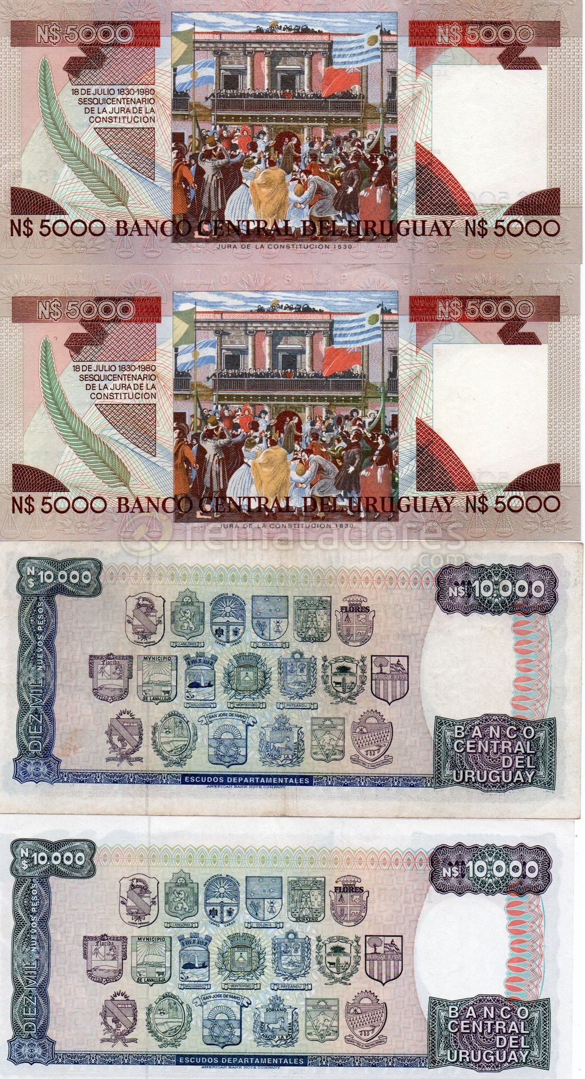 Billetes del Banco Central del Uruguay: 18 de Julio de 1930 y Escudos Departamentales