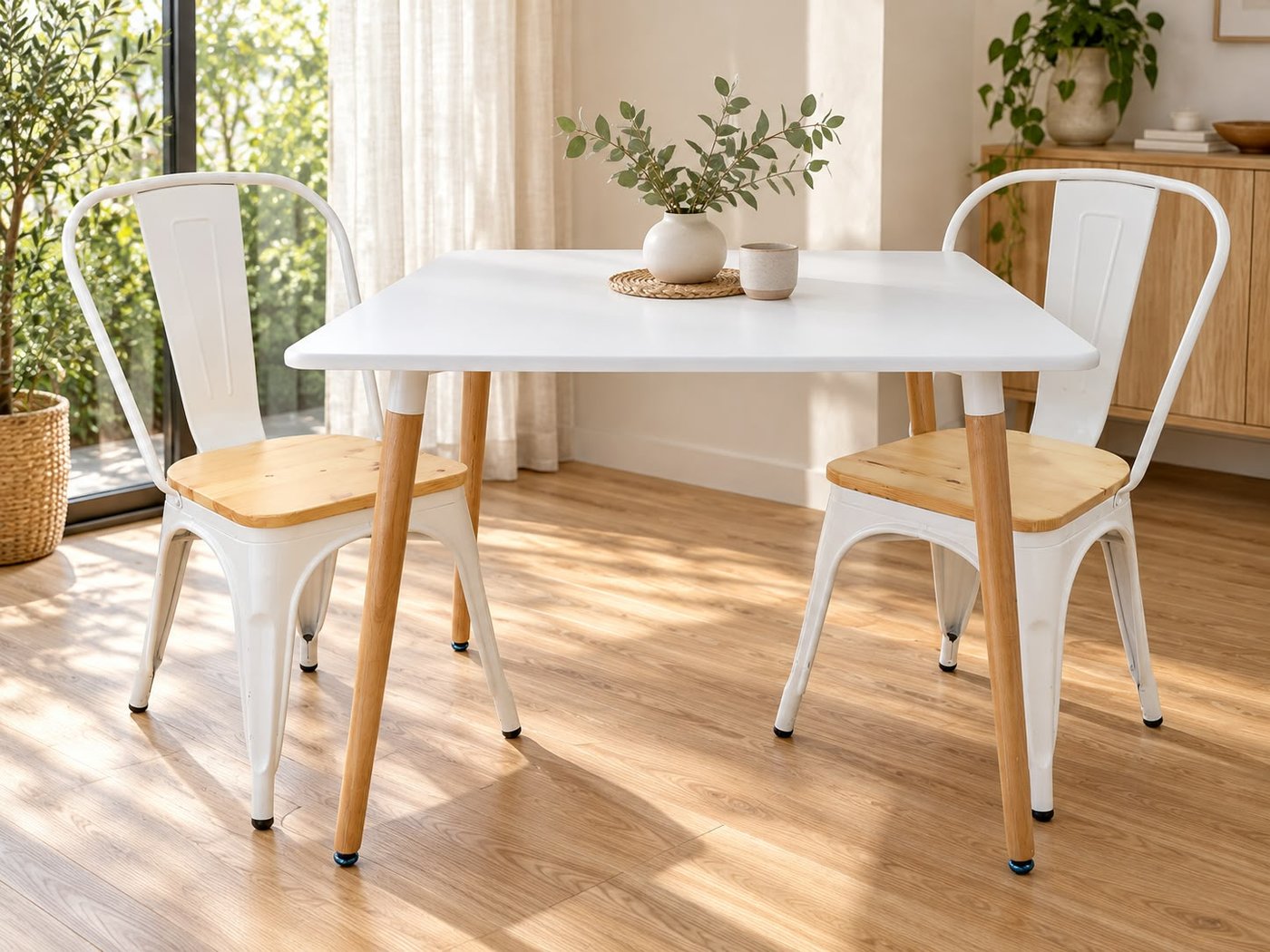 Juego Desayunador Estilo Eames: Mesa Laqueada Blanca 80x80cm con 2 Sillas Metálicas Tolix