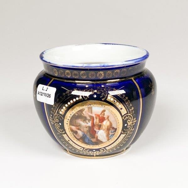 Florero de Porcelana Viejo Viena Azul Cobalto con Escena de Personajes
