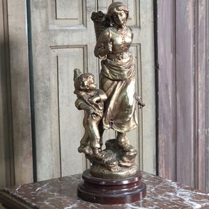 Figura en Bronce Baño Dorado "Retour du Bois" Mujer y Niño - imagen 2