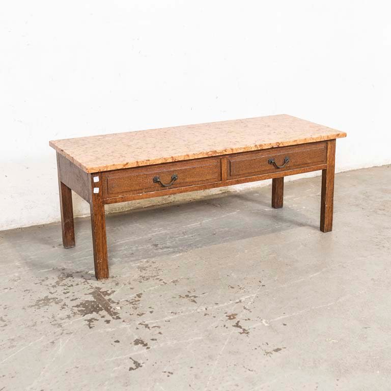 Lote anterior: Mesa ratona de roble con dos cajones y tapa de mármol