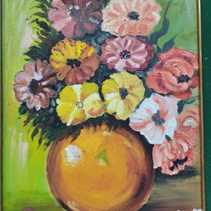 Pintura de Flores en Jarrón, Marco de Madera y Paspartú Verde - imagen 5