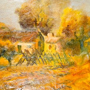 Cuadro al óleo: Paisaje campestre con rancho y árboles, firmado - imagen 3