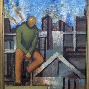 Óleo sobre Fibra "Figura Urbana" de Gustavo Alamon, Firmado y con Marco Dorado - imagen 3