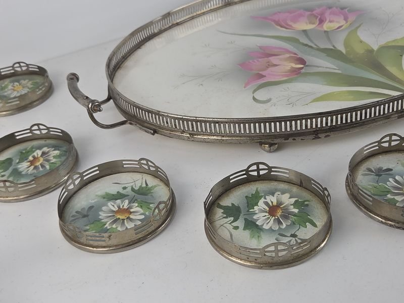 Gran bandeja y posavasos en mayolica alemana y metal para decoración del hogar - imagen 3